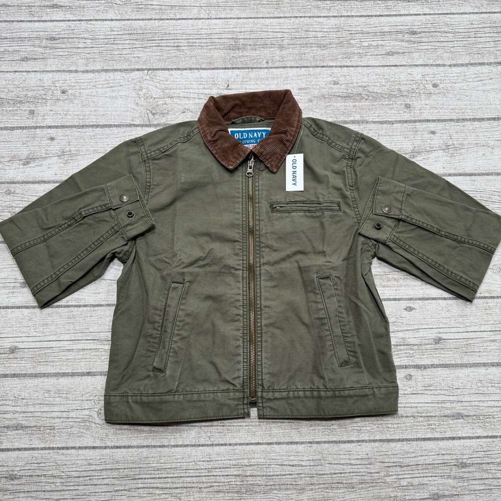 NEW Old Navy Canvas Jacket Boys M/8 Olive Green Corduroy Collar Workwear Utility